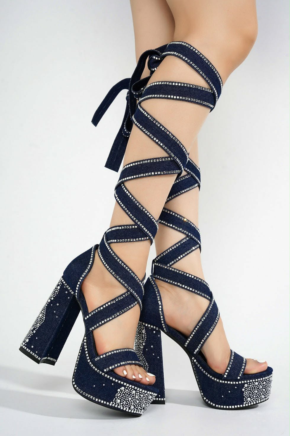 Pink Rhinestone Lace - Up Platform Heels