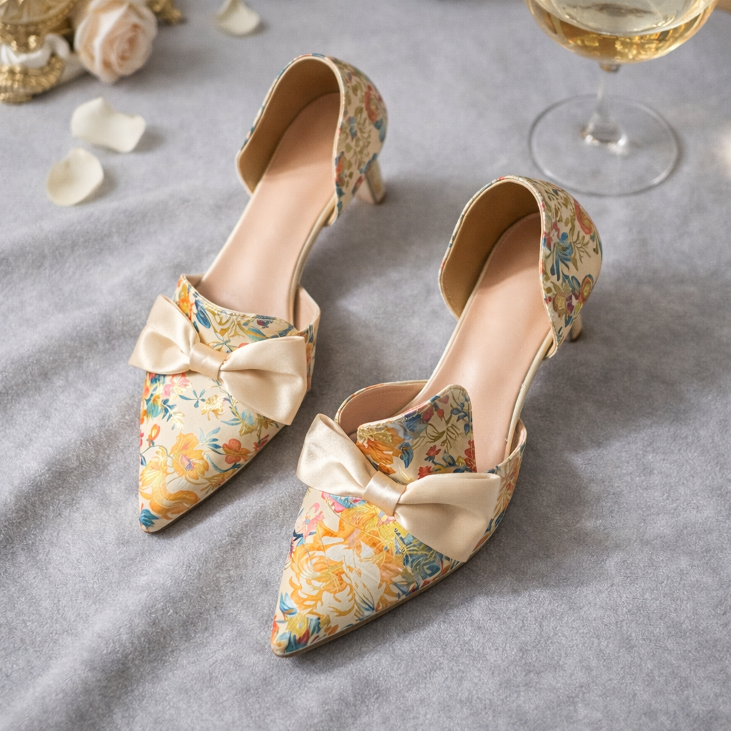 Floral Satin Bow Slingback Heel