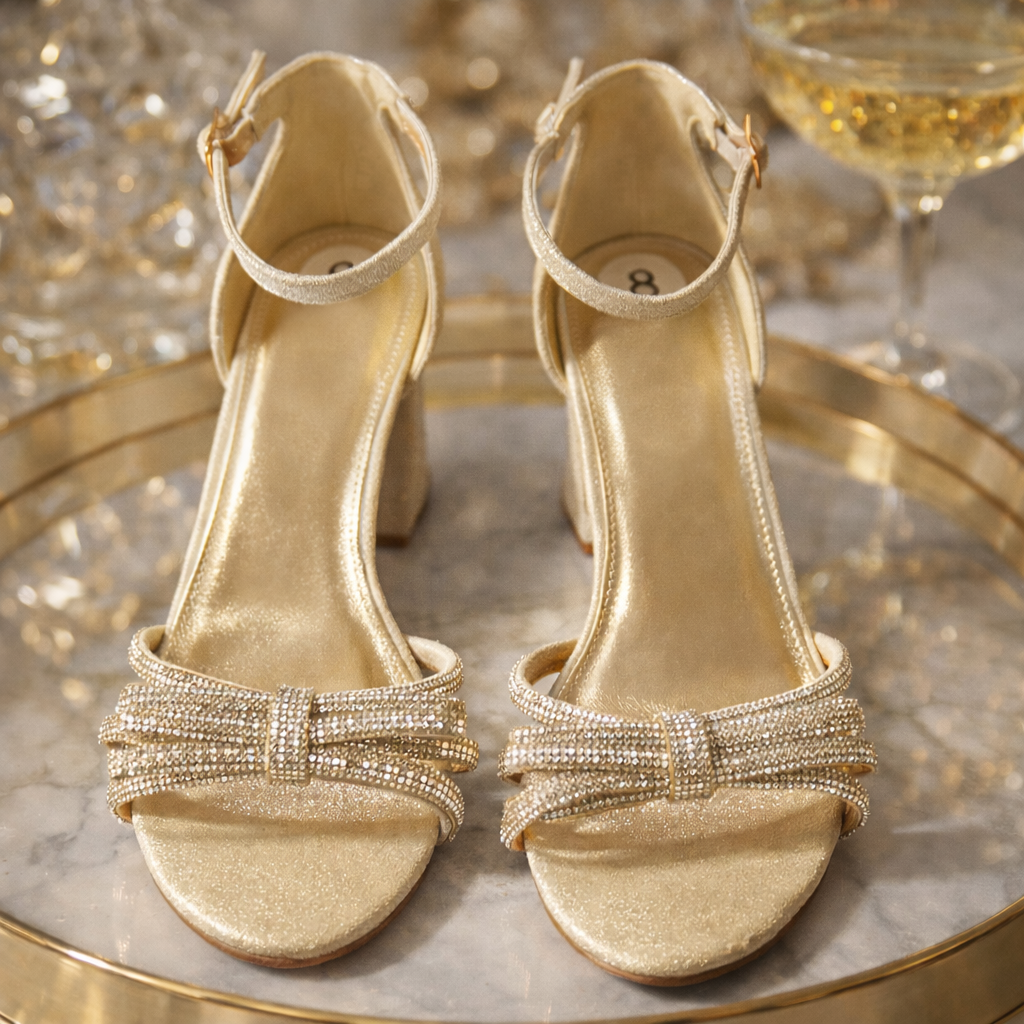 Champagne Crystal Bow Block Heels